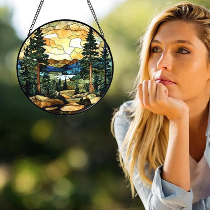 Stained Glass Window Hanging Forest Lake Mountain Sunset 9.8" - Suncatcher Door Garden Sunroom Sun Catcher Home Decor Birthday Christmas for Mom Men Woman Nana Friend