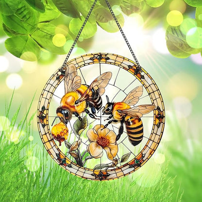 Bee Window Hangings Decor - Acrylic Sun Catcher Ornaments with Hook & Chain,Art SunCatcher Pendant for Gifts Indoor Outdoor Home Wall Living Room Spring Summer Decoration (Double Bee)