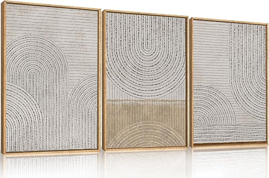 Aryroi Large Neutral Spiral Circles Framed Canvas Wall Art,Boho Beige Geometric Wall Decor,Modern Abstract Arch Artwork,Mid Century Minimalist Art Print for Living Room,Bedroom,Office- 24"x36"x3