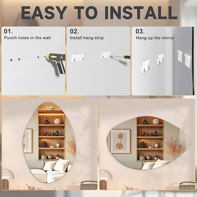 Hasipu Irregular Wall Mirror - 36"x24" Asymmetrical Frameless Mirror, Modern Decorative Mirrors for Living Room, Entryway, Hallway, Bathroom, Bedroom,Wall Mounted Home Decor