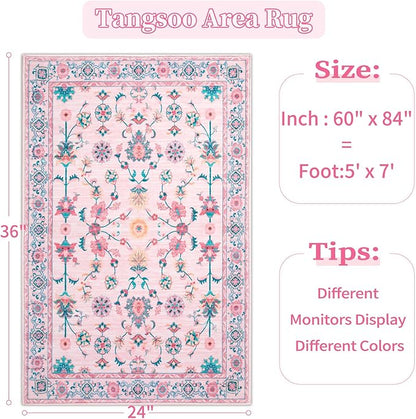 Tangsoo Pink Rug for Bedroom Girl Nursery 5x7, Washable Non Slip Cute Floral Rug for College, Soft Low Pile Carpet for Living Room Teen Coquette Room Loveshackfancy Decor Alfombra Kids Baby Playroom