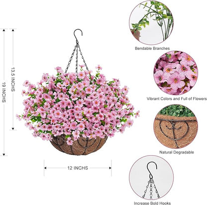 Artificial Fake Hanging Flowers Plants Basket for Outdoors Outside Spring Decoration,Hanging Planters with Faux Silk Flowers Realistic UV Resistant for Balcony Porch Patio Garden Fron Home Decor（Pink）