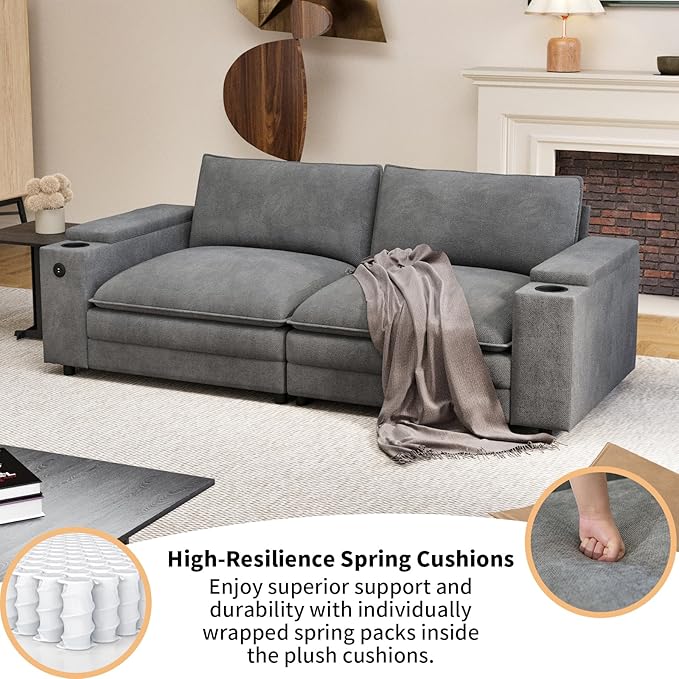 81.5" Loveseat Cloud Sofa Couch with Storage Armrest, Cup Holders, USB & Type-C Ports, Spring Cushions, Solid Wood Frame, Chenille Modular Sectional for Living Room