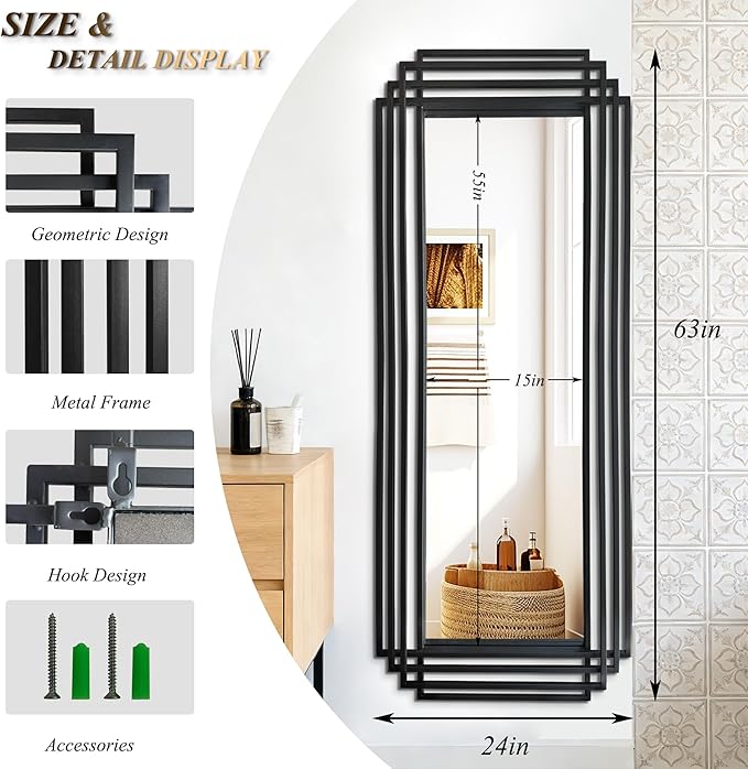 Geometric Mirror with Black Metal Frame, 63"x24" Large Rectangle Art Deco Mirror, Modern Elegant Wall Mirrors for Living Room Bathroom Entryway Hallway, Hangs Vertically or Horizontally