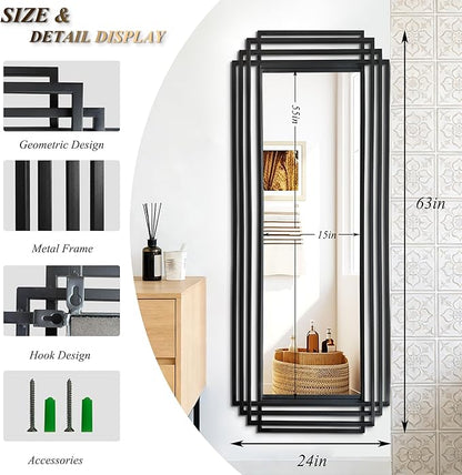 Geometric Mirror with Black Metal Frame, 63"x24" Large Rectangle Art Deco Mirror, Modern Elegant Wall Mirrors for Living Room Bathroom Entryway Hallway, Hangs Vertically or Horizontally