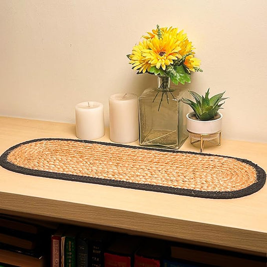 CHARDIN HOME Verona Oval Woven Jute & Cotton Braided Table Runner, Size -8 x 24 Inches, Color - Natural Jute with Black Border