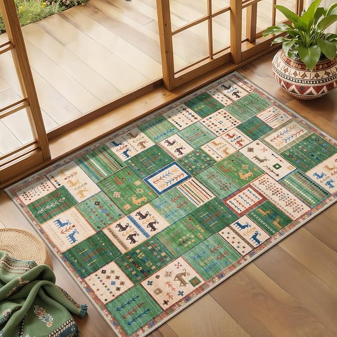Tangsoo 2x3 Small Rugs for Entryway,Washable Vintage Entry Rug Non Slip, Soft Low Pile Throw Rugs Tribal Front Indoor Rug Small Carpet for Entrance Bedroom Kitchen Laundry Bedside (Green Beige)
