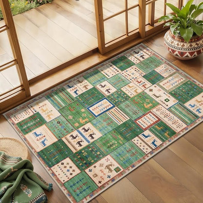 Tangsoo 2x3 Small Rugs for Entryway,Washable Vintage Entry Rug Non Slip, Soft Low Pile Throw Rugs Tribal Front Indoor Rug Small Carpet for Entrance Bedroom Kitchen Laundry Bedside (Green Beige)