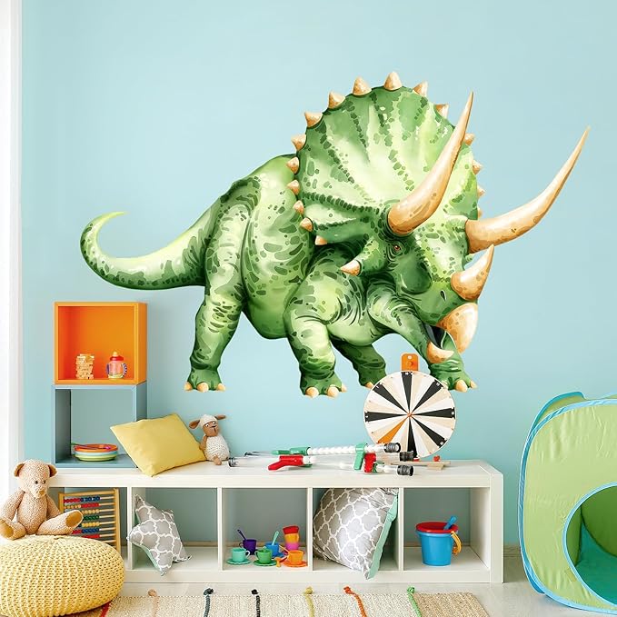 Large Dinosaur Wall Decals, Green Triceratops Dino Wall Stickers Vinyl Peel and Stick Wall Decal Self Adhesive Wall Art Sticker for Baby Nursery Kids Room Home Decor (53.7 * 34.4in)