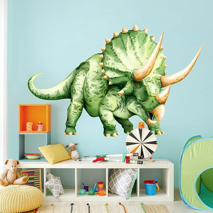 Large Dinosaur Wall Decals, Green Triceratops Dino Wall Stickers Vinyl Peel and Stick Wall Decal Self Adhesive Wall Art Sticker for Baby Nursery Kids Room Home Decor (53.7 * 34.4in)