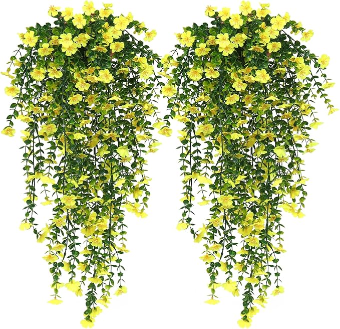 RECUTMS Artificial Hanging Flowers for Outdoors 4 Pcs Fake Mums Plant Decor Realistic Real Touch Silk Flower UV Resistant Trailing Vine Look Real for Yard Porch Patio Garden Balcony (Yellow)