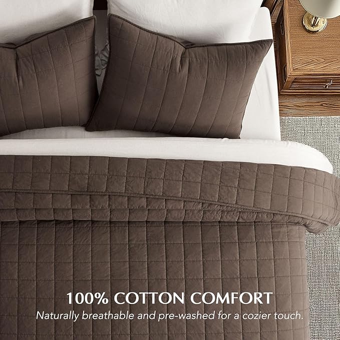 EVERGRACEHOME 100% Cotton Box Stitch Quilt Bedding Set King Size 3 Pieces, Garment-Washed Lightweight Soft Cozy Coverlet, Oversized Quilted Bedspread Sets with 2 Shams for All Season, Cocoa Brown