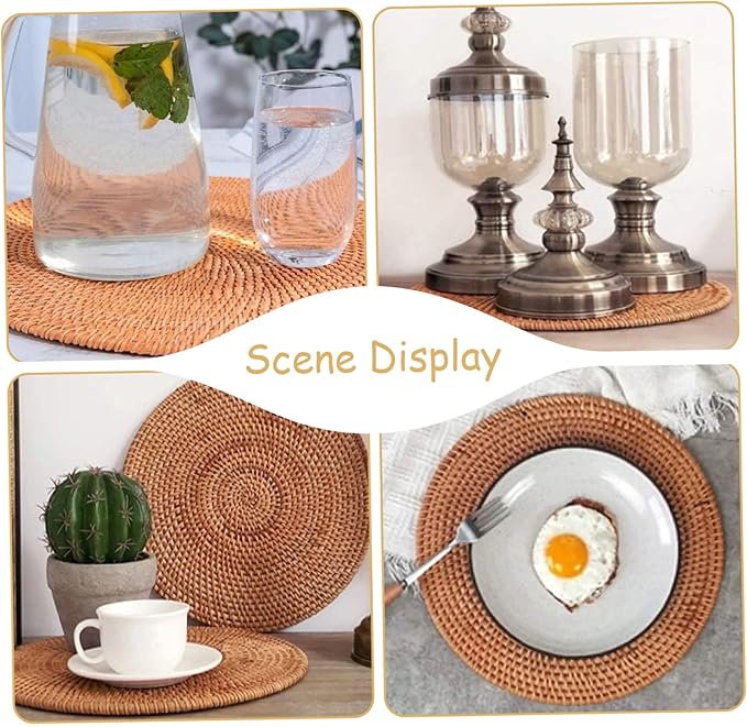 2PCS Round Rattan Placemats 14 Inch Natural Woven Boho Placemats Heat Resistant Round Woven for Indoor Outdoor Home Dining Table Supplies..