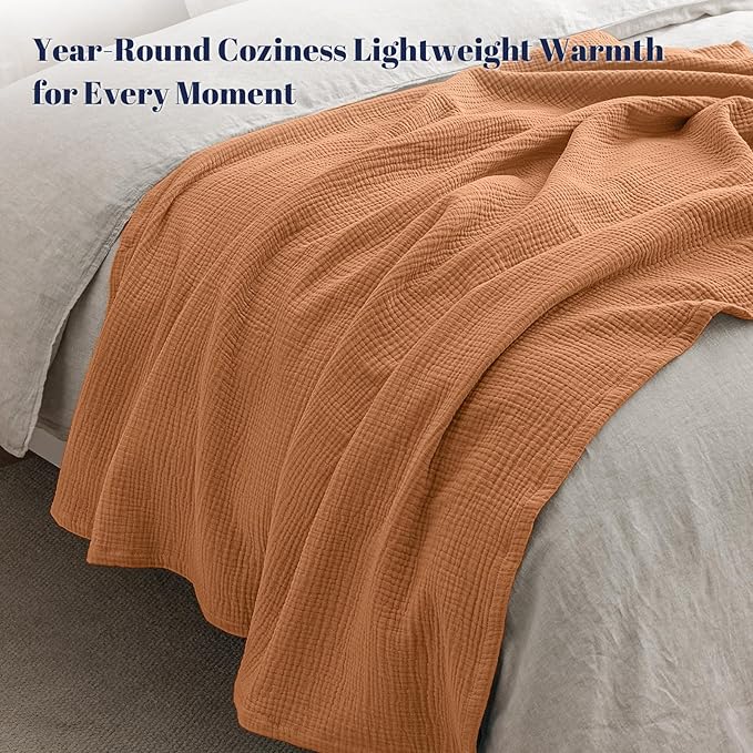 PHF 100% Cotton Muslin Blanket Queen Size 90"x90", 4-Layer Lightweight Gauze Throw, Breathable Cloud-Soft Minimalist Blanket for Bed, Couch, Camping & Baby, Caramel, Ideal Gift