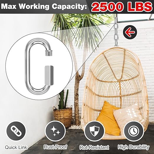 M12-12 Pack 4.17“ Quick Links Chain Connectors, 1/2" Galvanized Chain Locking Hooks, 2500LBS Heavy Duty Thread Quick Link Clips, Twist Oval Keychain D Shape for Swing, Backpack, Key Ring