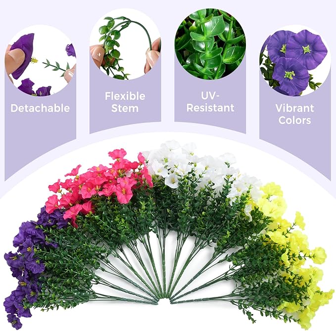 Spring Summer Mix Color Artificial Morning Glory, 12 Bundles Artificial Flowers for Outdoors Decorations UV Resistant Realistic Silk Flowers for Patio Home Decor Garden Planter Window Box Yard