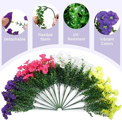 Spring Summer Mix Color Artificial Morning Glory, 12 Bundles Artificial Flowers for Outdoors Decorations UV Resistant Realistic Silk Flowers for Patio Home Decor Garden Planter Window Box Yard