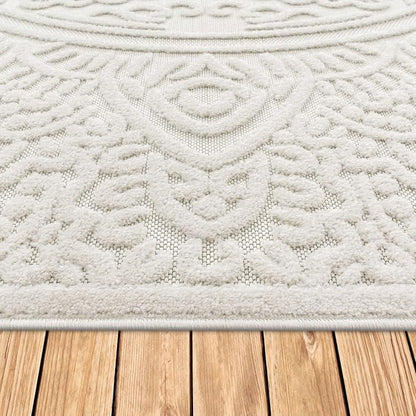 Paco Home Modern in- and Outdoor Rug with Carved Oriental Mandala Pattern in Cream, Size: 7'10" x 11'2"
