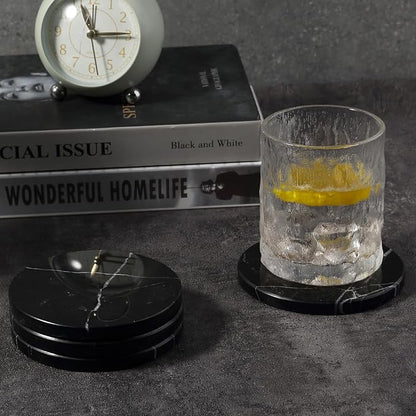 Koville Marble Coaster Set of 4, Round Coasters, 4" Stone Coaster for Drinks Coffee, White Marble Coasters for Coffee Table Home Bar Decor, Heat Resistant, Gift Choice(Black)