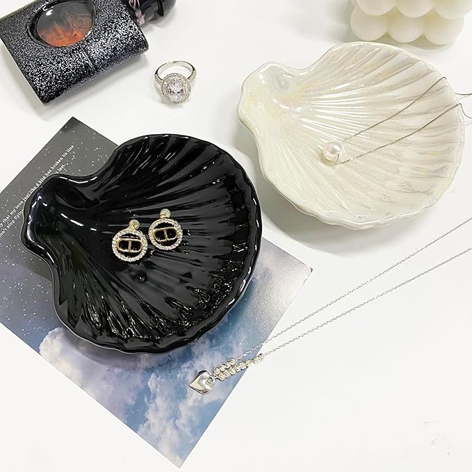 Shell Shape Ring Holder Dish, Seashell Jewelry Dish Tray, Ceramic Trinket Tray for Rings Earrings Necklaces Bracelet, Birthday for Mom Friend Sister, 3.9", Black