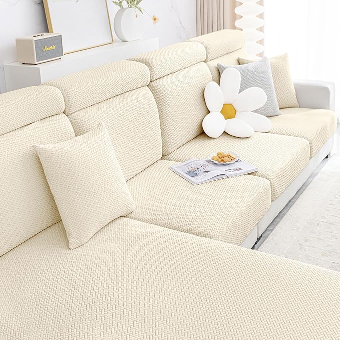 Smiry Waterproof Couch Cushion Covers, Stretch Jacquard Thick Sofa Cushion Covers, Washable Seat Slipcover Elastic Furniture Protector for Pets, Kid (Back Cover M, Beige)
