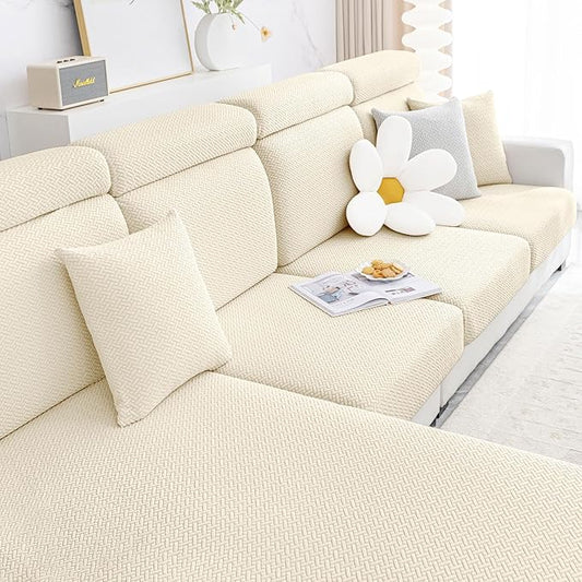 Smiry Waterproof Couch Cushion Covers, Stretch Jacquard Thick Sofa Cushion Covers, Washable Seat Slipcover Elastic Furniture Protector for Pets, Kid (Back Cover L, Beige)
