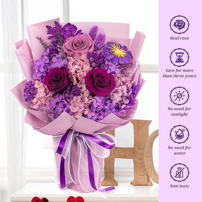 Preserved Flowers Bouquets That Last 3-5 Years Real Forever Flowers Rose Bouquet for Mom Anniversary Birthday Thanksgiving Christmas Gift for Women Grandma Wife Friends Her