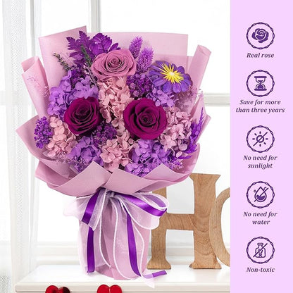 Preserved Flowers Bouquets That Last 3-5 Years Real Forever Flowers Rose Bouquet for Mom Anniversary Birthday Thanksgiving Christmas Gift for Women Grandma Wife Friends Her