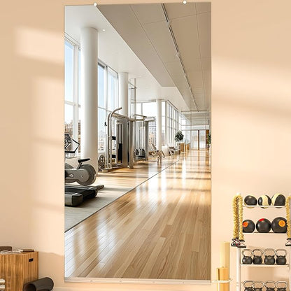Hasipu Home Gym Mirror, 83"x40" Each, 1-Pack Frameless Wall Mounted Mirrors with Glass Clamps & 1 Aluminum Rail, Large Body Mirror for Home Gym, Yoga Studio, Bedroom, Silver Tempered Glass