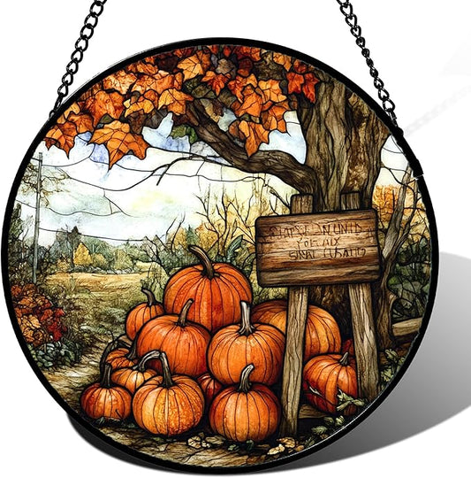 DASTOLL Stained Glass Window Hanging Fall Farm Scenery Maple Trees Pumpkin 9.8" - Suncatcher Door Garden Kitchen Sun Catcher Autumn Decor Birthday for Mom Nana Men Woman Friend