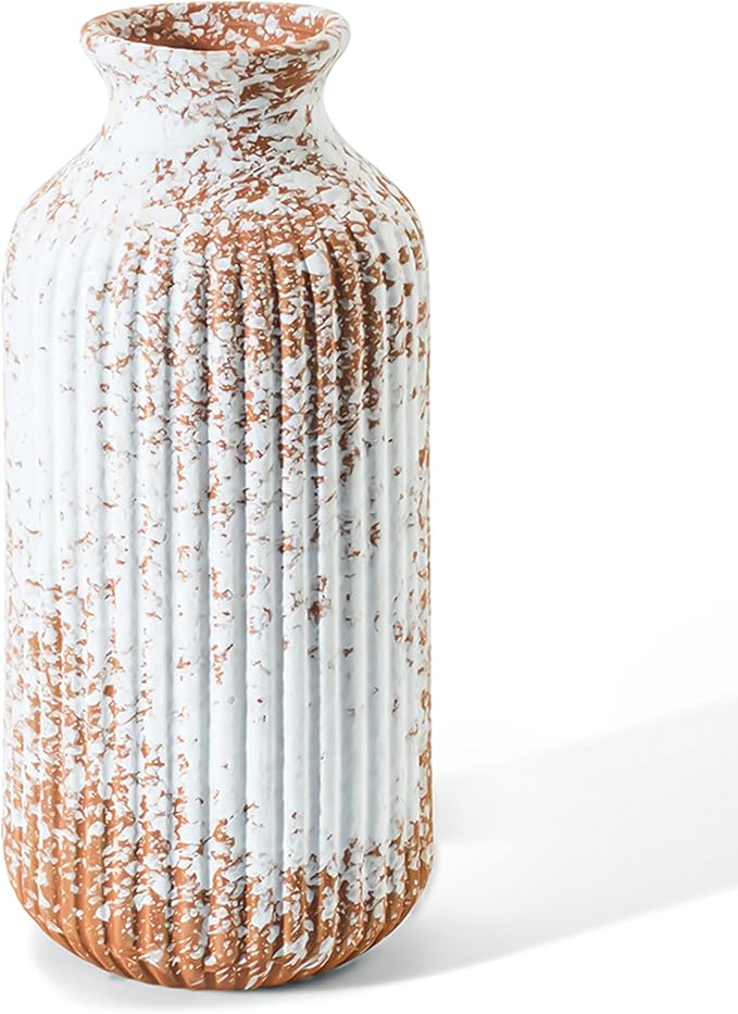 Ceramic Flower Vase Home Décor, 9.25 Inch Rustic Farmhouse Vase, Ribbed Vintage Vase, Pottery Decorative Vases for Living Room, Entryway Table, Shelf, Kitchen Island, Coffee Table(Mottled-Brown)