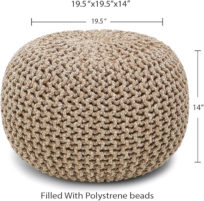 REDEARTH Round Pouf Ottoman - Hand Knitted Cable Boho Poof Home Décor Pouffe Circular Footrest for Living Room - Bedroom - Lounge - 100% Cotton (19.5"x19.5"x14") - Beige