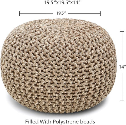 REDEARTH Round Pouf Ottoman - Hand Knitted Cable Boho Poof Home Décor Pouffe Circular Footrest for Living Room - Bedroom - Lounge - 100% Cotton (19.5"x19.5"x14") - Beige