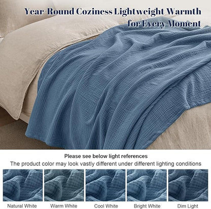 PHF 100% Cotton Muslin Blanket Twin XL Size 66"x90", 4-Layer Lightweight Gauze Throw, Breathable Cloud-Soft Minimalist Blanket for Bed, Couch, Camping & Baby, Denim Blue, Ideal Gift
