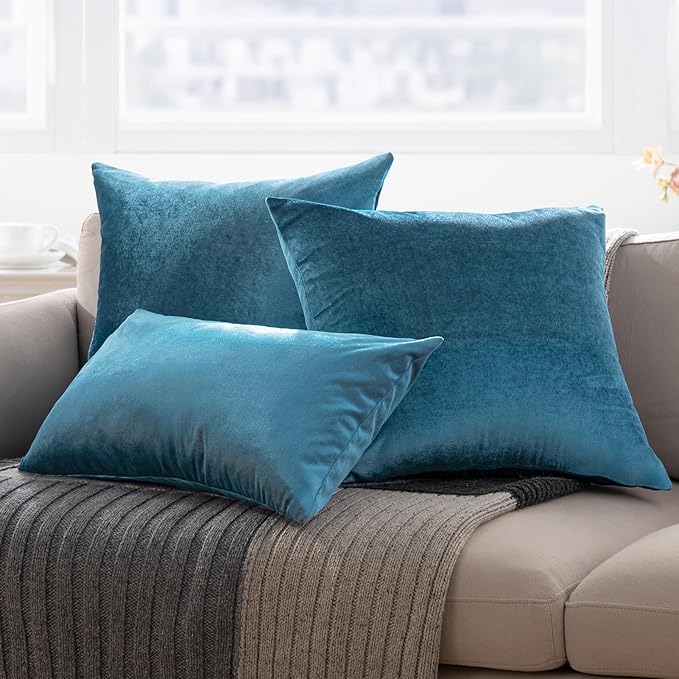 Phantoscope Pack of 2 Velvet Decorative Throw Pillow Covers Soft Solid Square Cushion Case for Couch Shiny Blue 18 x 18 inches 45 x 45 cm