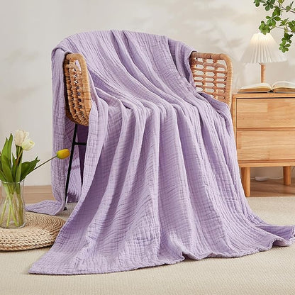 EMME Cotton Muslin King Blanket Big Oversized Bed Layering Bedspread Coverlet Breathable Gauze Soft Lightweight Blankets (Lavender, 120"x94")