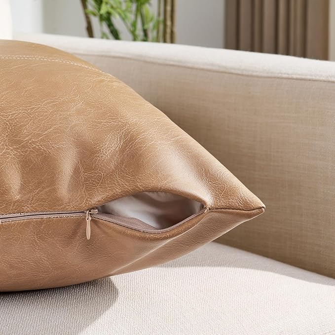 Fancy Homi 2 Packs Tan Long Lumbar Waterproof Faux Leather Decorative Throw Pillow Covers 14x20 Inch for Outdoor Couch Bed, Beige Hand Stitched Cushion Case 35x50 cm, Taupe Modern Farmhouse Home Decor