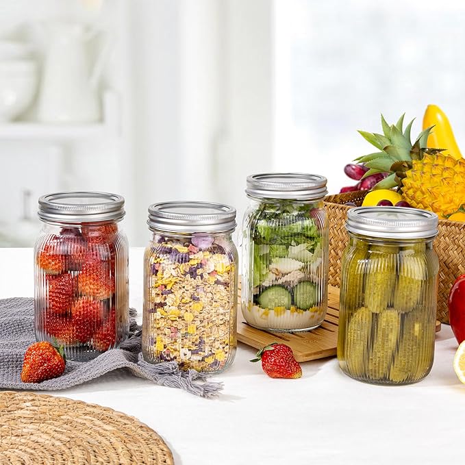 LUODA MirthMood 32 OZ Wide Mouth Mason Jars, 6 PACK Glass Mason Jars with airtight Lids, Quart mason jars wide mouth for Fermenting, Pickling, Freezing, Preserving, Meal Prep, Jar Décor