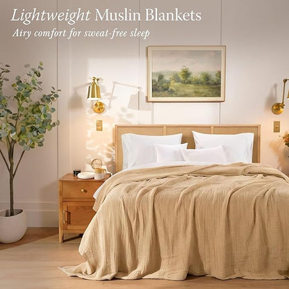 Threadmill Summer Muslin Blankets Queen Size | 100% Cotton 4 Layer Gauze Blanket | Soft, Breathable and Cozy Blanket | Cozy, Lightweight Blankets for Bed Seasons | Beige