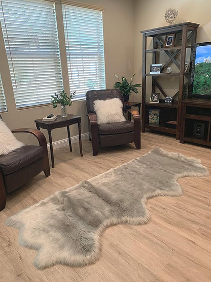 LAMBZY Faux Sheepskin Super Soft Hypoallergenic Silky Shag Rug for Living Room, Kids Room, Sofa (Quarto 4 Pelts Side by Side 3'x8', Grey)