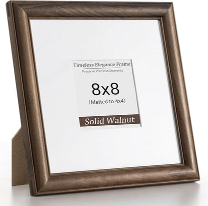 Heimlove 8x8 Picture Frame,8 x 8 Natural Solid Walnut Wood Square Frame with Tempered Glass,8"x8" Handcrafted Wood Frame Matted to 4x4 Photos for Wall or Tabletop Art Photo and Prints,1 Pack