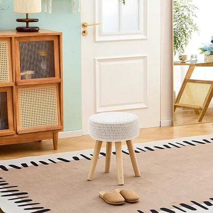 Wimarsbon Pouf Ottoman, 100% Cotton Knitted Boho Footstool, Round Footrest with Non-Skid Wood Legs, Home Décor Handmade Pouffe, Leisure Floor Step Stool for Living Room (Long Leg - Beige)
