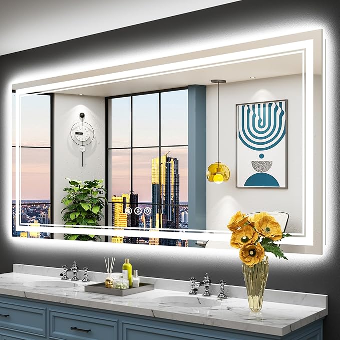 77x36 LED Bathroom Mirror with Lights, Backlit & Front Lit, Anti-Fog Frameless Lighted Vanity Mirrors for Bathroom Wall, Dimmable, 3-Color Light, Memory, Shatter-Proof, Tempered Glass, CRI＞90