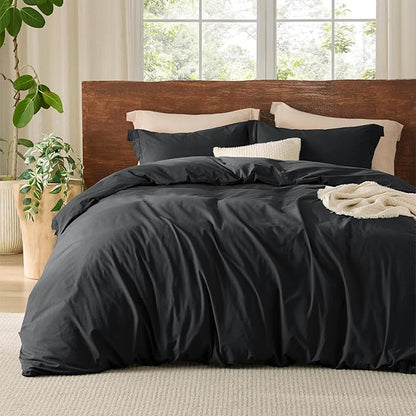 Bedsure 100% Washed Cotton Duvet Cover Queen Size - Black Minimalist Cotton Duvet Cover Linen Like for All Seasons - GentleSoft™ Plain Simple Bedding (Black, Queen, 90"x90")