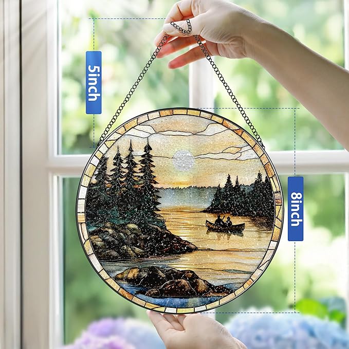 8-Inch Stained Glass Ornament, Stained Glass Window Hanging, Window Hanging Decor Suncatcher, Canoe Lake Sunset Ornament | Christmas, Mother’s Day, Birthday | Gifts for Nature Lovers, Mom & Friend