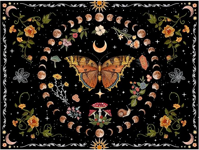 Aipon Orange Butterfly Moon Flower Tapestry Botanical Floral Plant Boho Tapestry for Bedroom Aesthetic Vintage Tapestries Wall Hanging for Living Room Dorm (68.00'' × 90.00'', Orange)