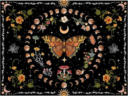 Aipon Orange Butterfly Moon Flower Tapestry Botanical Floral Plant Boho Tapestry for Bedroom Aesthetic Vintage Tapestries Wall Hanging for Living Room Dorm (68.00'' × 90.00'', Orange)