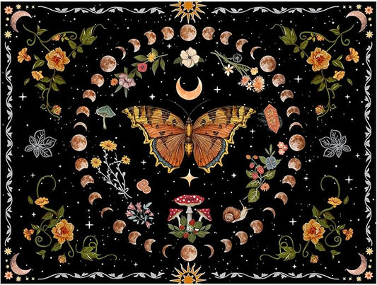 Aipon Orange Butterfly Moon Flower Tapestry Botanical Floral Plant Boho Tapestry for Bedroom Aesthetic Vintage Tapestries Wall Hanging for Living Room Dorm (68.00'' × 90.00'', Orange)