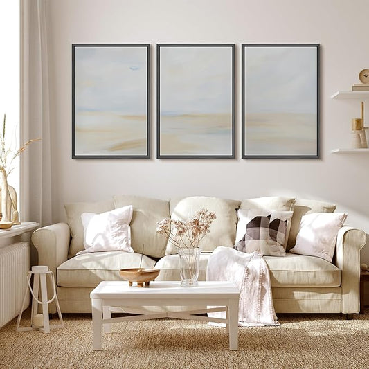 MUDECOR Framed Wall Art Print Set Minimalist Coastal Horizon in Soft Blue and Sand Colors Illustrations Modern Art Boho Decorative Chic for Living Room, Bedroom, Office - 24"x36"x3 Black