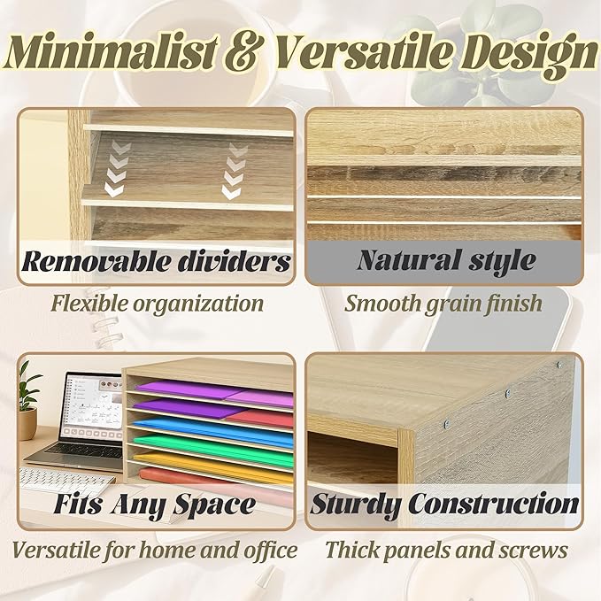 PROLEE Construction Paper Organizer 20" x 13.5" x12.2",Soild Wooden Paper Organizer with 6-Tier Letter Trays, Desktop File Papers Sorter for Home, Classroom and Office (White Oak)